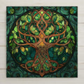 Stained glass style Tree of Life ceramic tile featuring intricate Celtic knot branches in warm wood tones, surrounded by deep emerald and forest green mosaic leaves inside a circular frame. Nature-inspired spiritual wall art for Irish decor and woodland home styling.