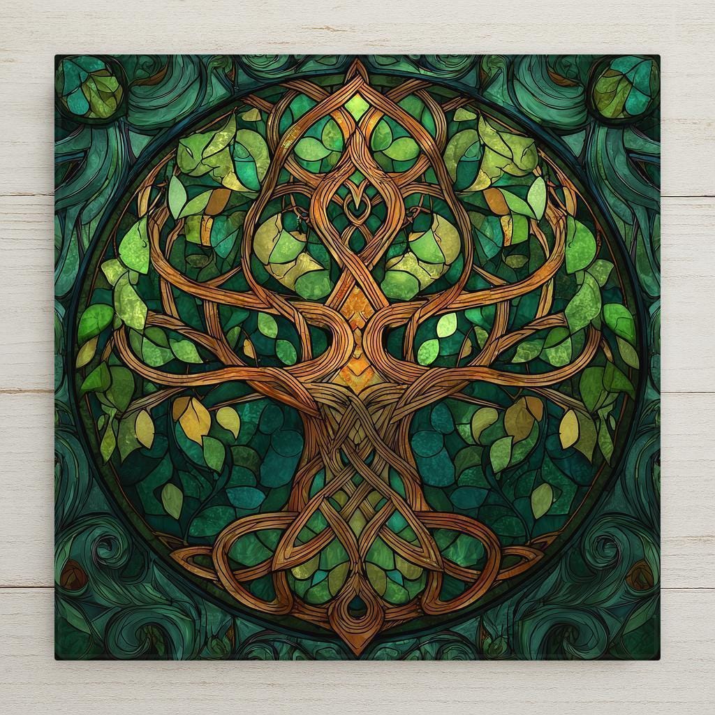 Stained glass style Tree of Life ceramic tile featuring intricate Celtic knot branches in warm wood tones, surrounded by deep emerald and forest green mosaic leaves inside a circular frame. Nature-inspired spiritual wall art for Irish decor and woodland home styling.