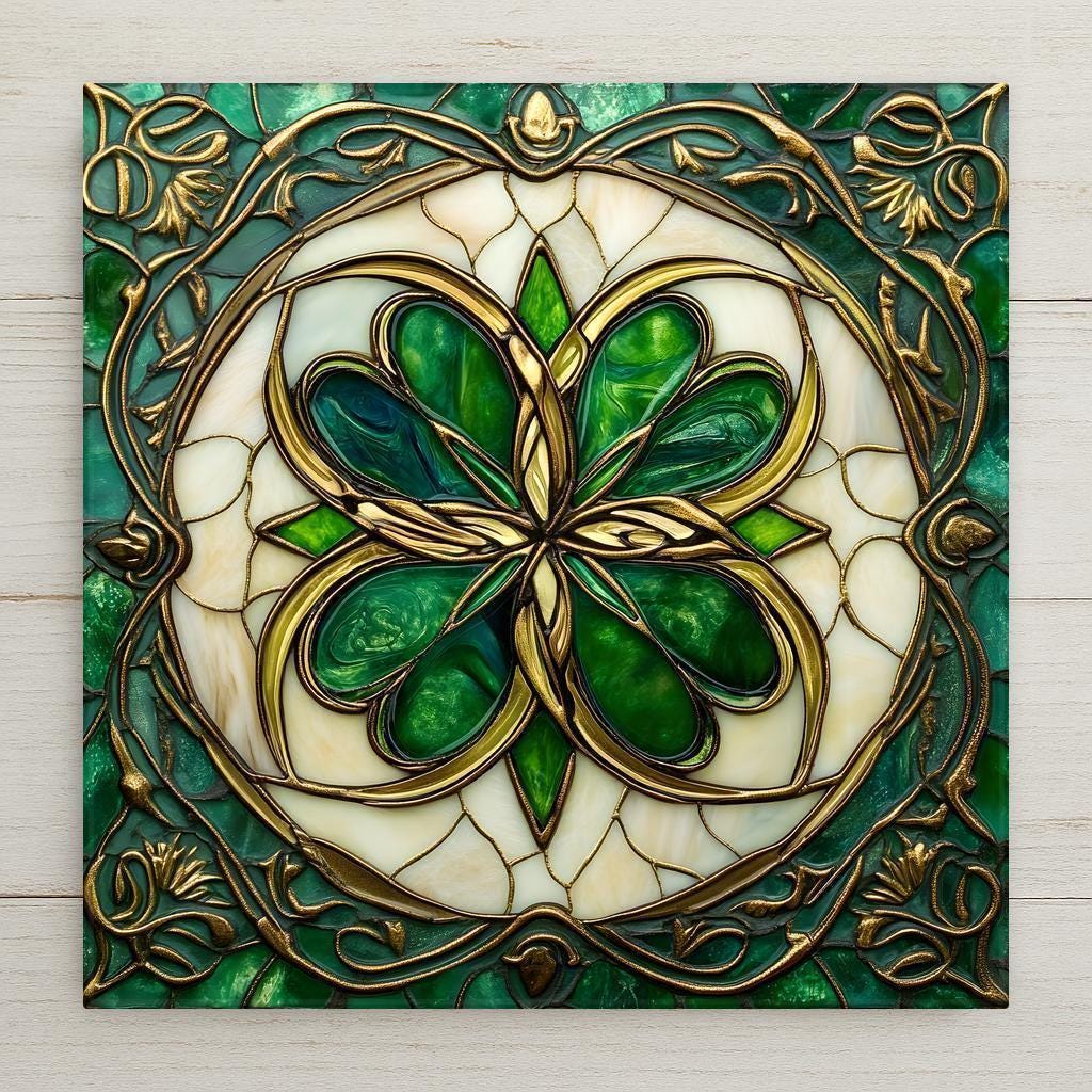 Celtic shamrock ceramic tile with Irish knotwork and stained glass style. Symbolic home décor and thoughtful Irish heritage gift.