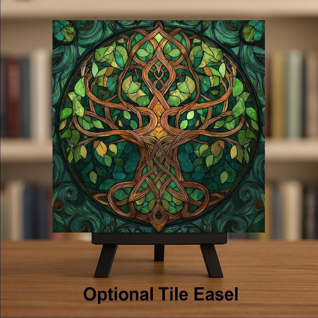 Tree of Life Wall Art Ceramic Tile – Celtic Stained Glass Style Nature Decor – Green Spiritual Wall Decor