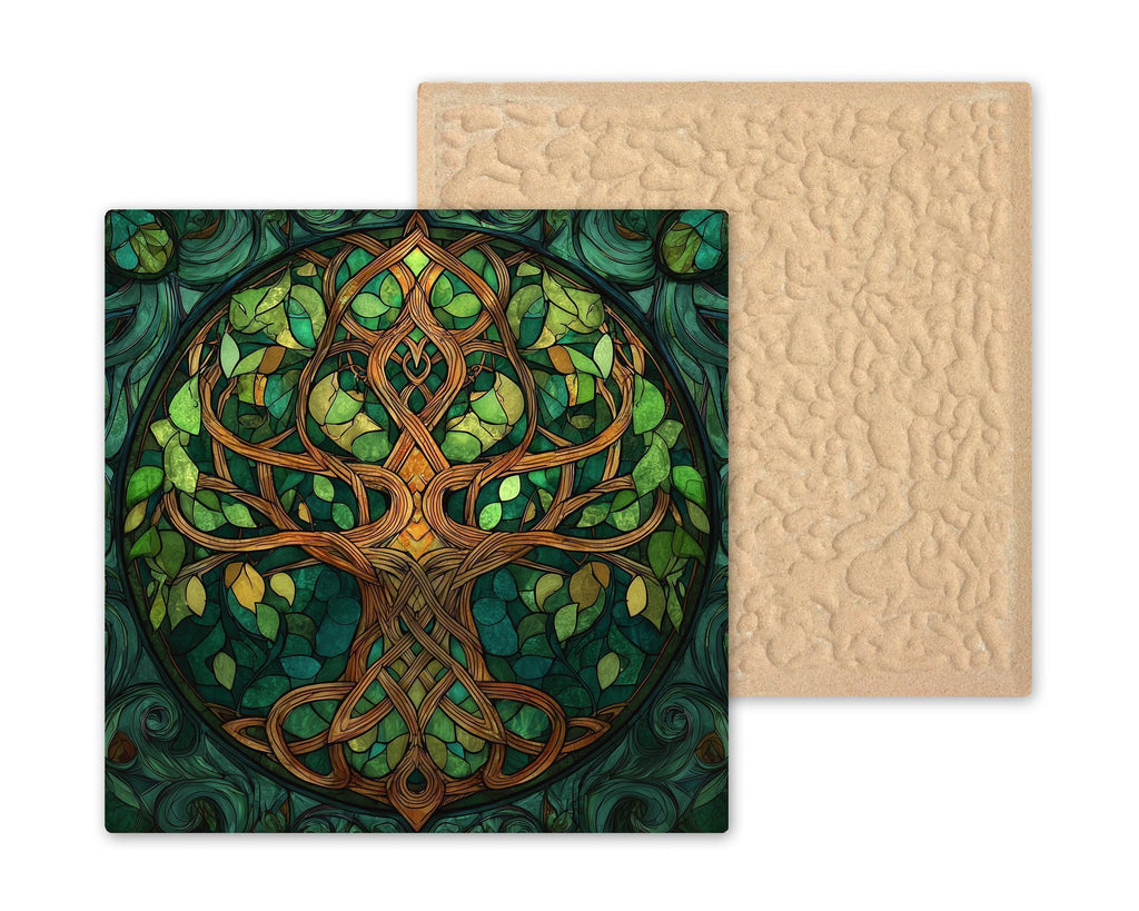 Tree of Life Wall Art Ceramic Tile – Celtic Stained Glass Style Nature Decor – Green Spiritual Wall Decor