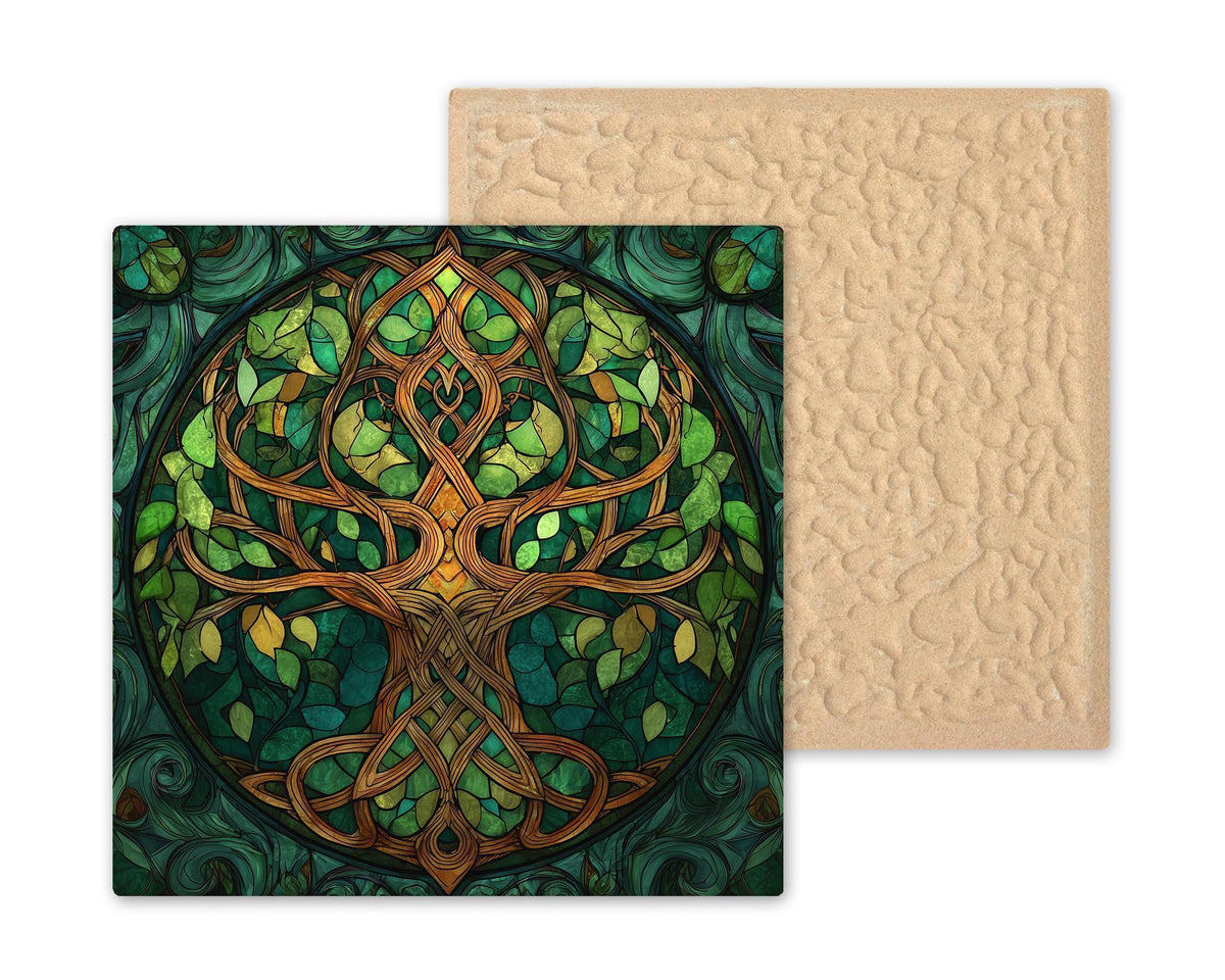 Tree of Life Wall Art Ceramic Tile – Celtic Stained Glass Style Nature Decor – Green Spiritual Wall Decor