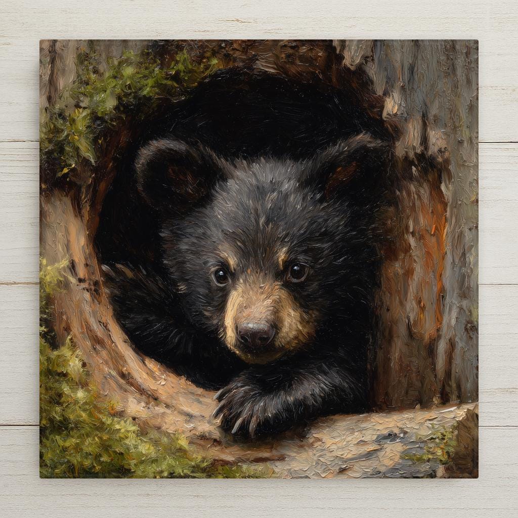 Adorable bear cub ceramic tile art with rich woodland tones—perfect for cabin, rustic, or farmhouse décor. Includes options for wall hanger, stand, cork backing, or premium frame for versatile display.