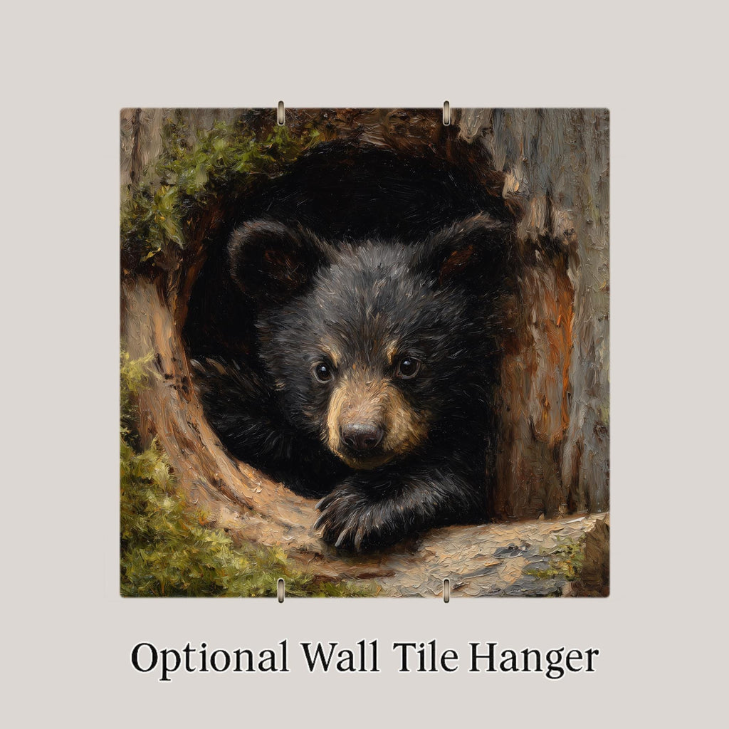 Black Bear Cub Ceramic Art Tile – Woodland Wildlife Wall Decor, Rustic Cabin Nature Lover Gift