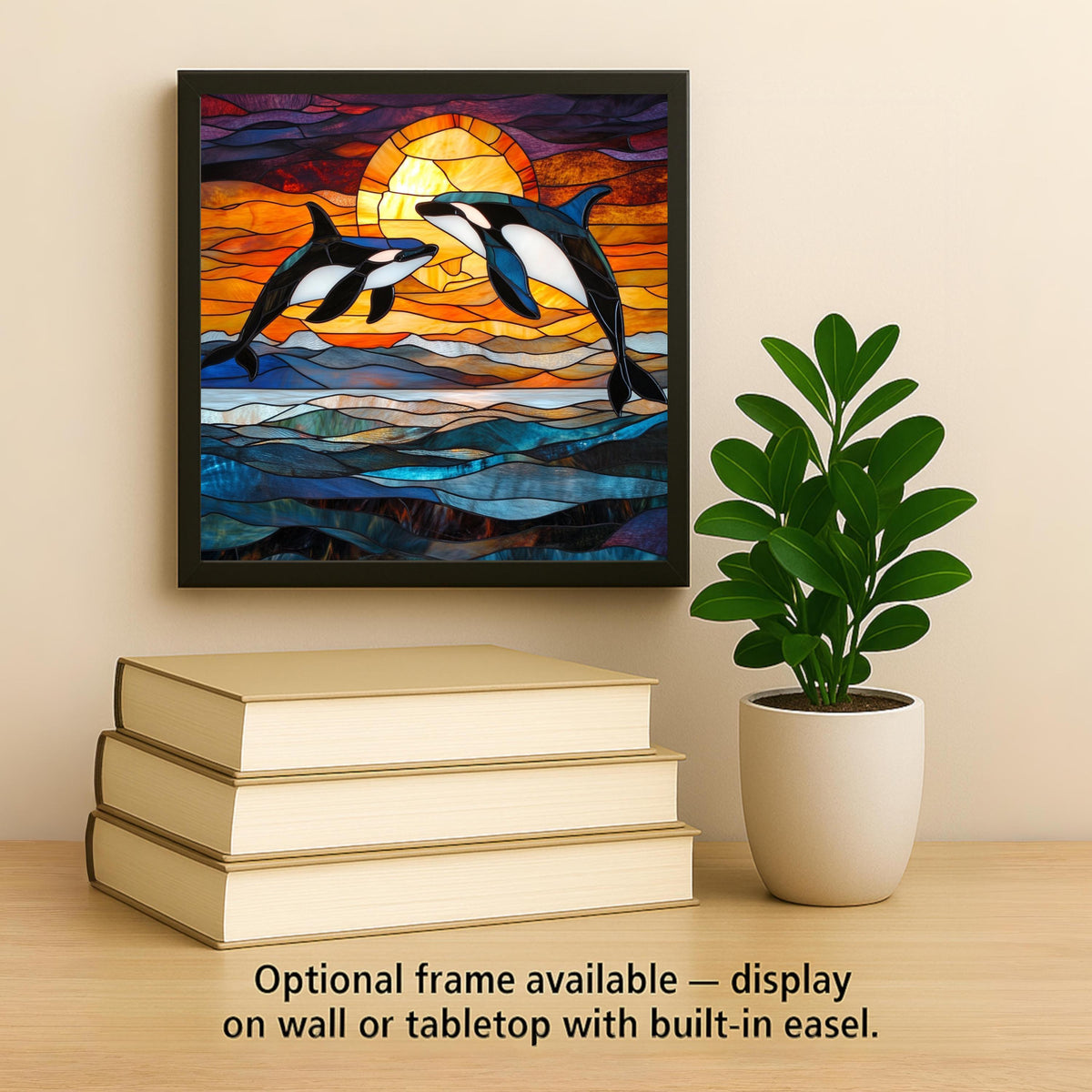Orca Stained Glass Style Ceramic Art Tile: Coastal Wall Decor Beach House Accent Ocean Home Decor Wall Art Killer Whale Ocean Marine Coas