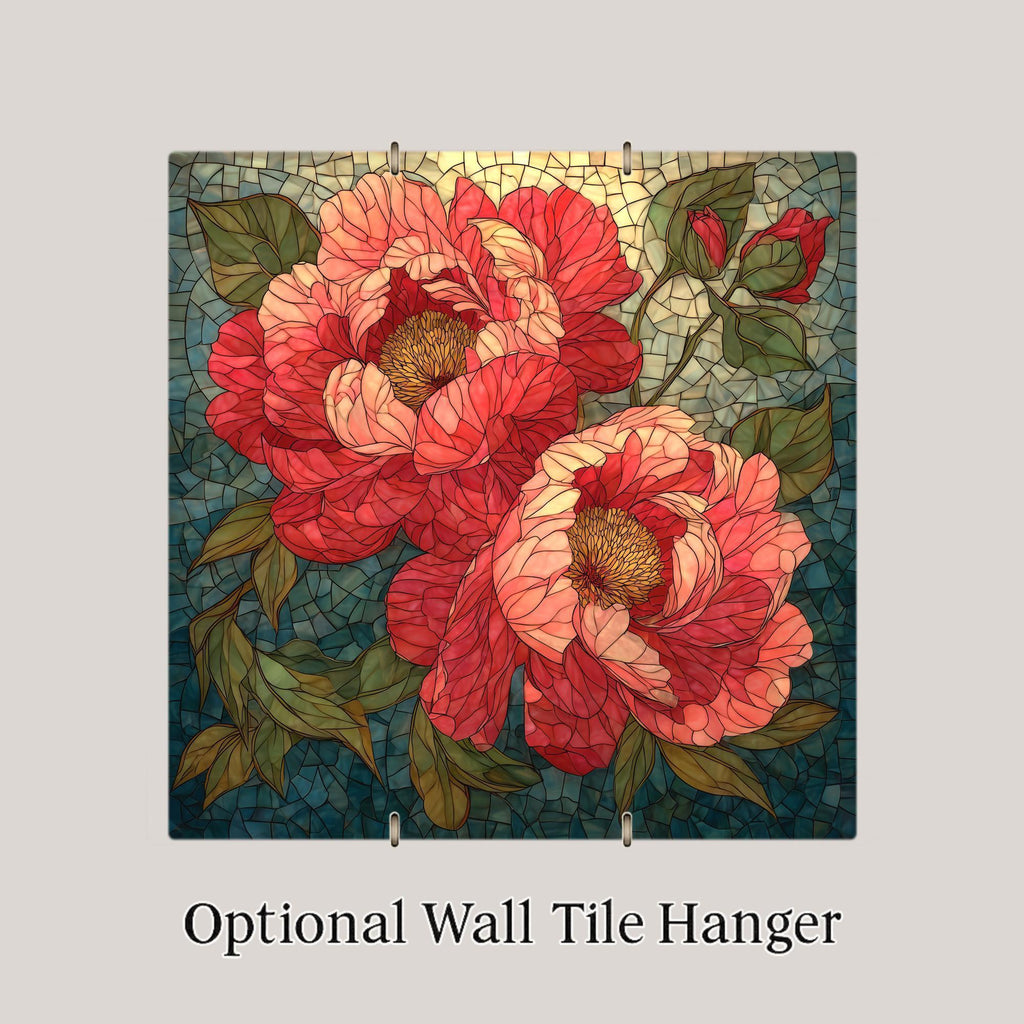 Peony Wall Art Ceramic Tile Floral Gift Botanical Decor Garden Art Stained Glass Style Peony Lover Gift Tile