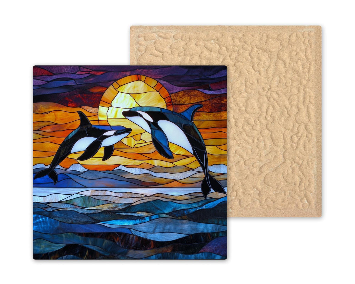 Killer Whale Orca Tile Art. This exquisite trivet features a breathtaking Ocean Sunset design in mesmerizing stained glass design.