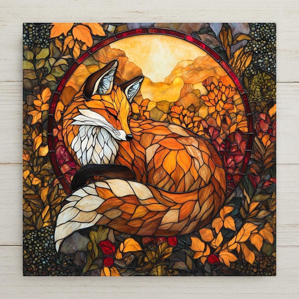 This Sleeping Fox Ceramic Tile features a curled fox under a glowing autumn sun, framed by leaves in a stained glass style. A cozy woodland decor gift for fall. Optional tile wall hanger, cork backing, or stand available.