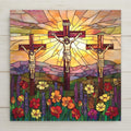 Three crosses tile in stained glass style. Jesus and two criminals at sunrise. Christian wall decor, religious Easter gift, faith home decoration.