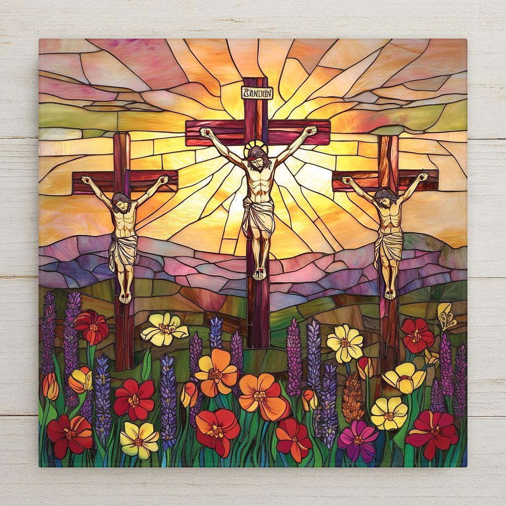 Three crosses tile in stained glass style. Jesus and two criminals at sunrise. Christian wall decor, religious Easter gift, faith home decoration.