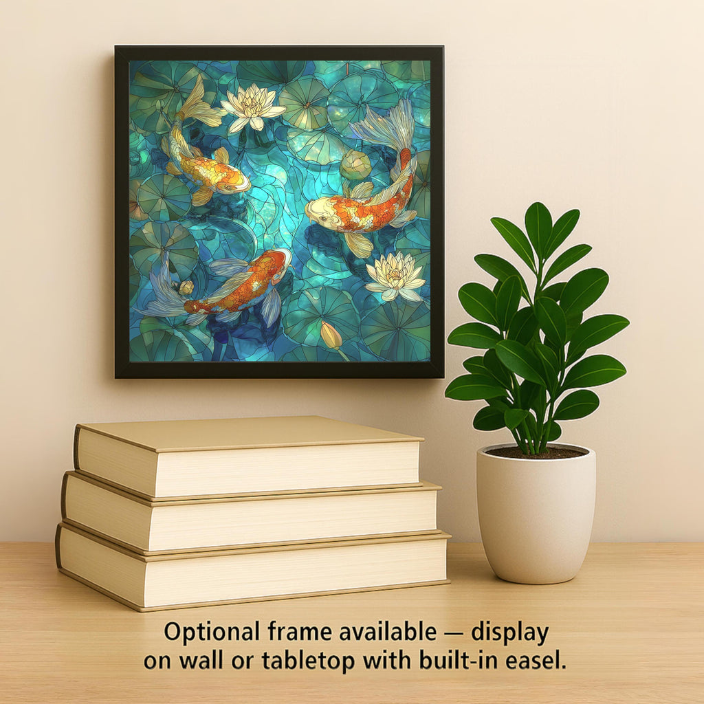 Koi Fish and Lotus Wall Art Ceramic Tile Stained Glass Style Japanese Art Zen Prosperity Gift Decor Art