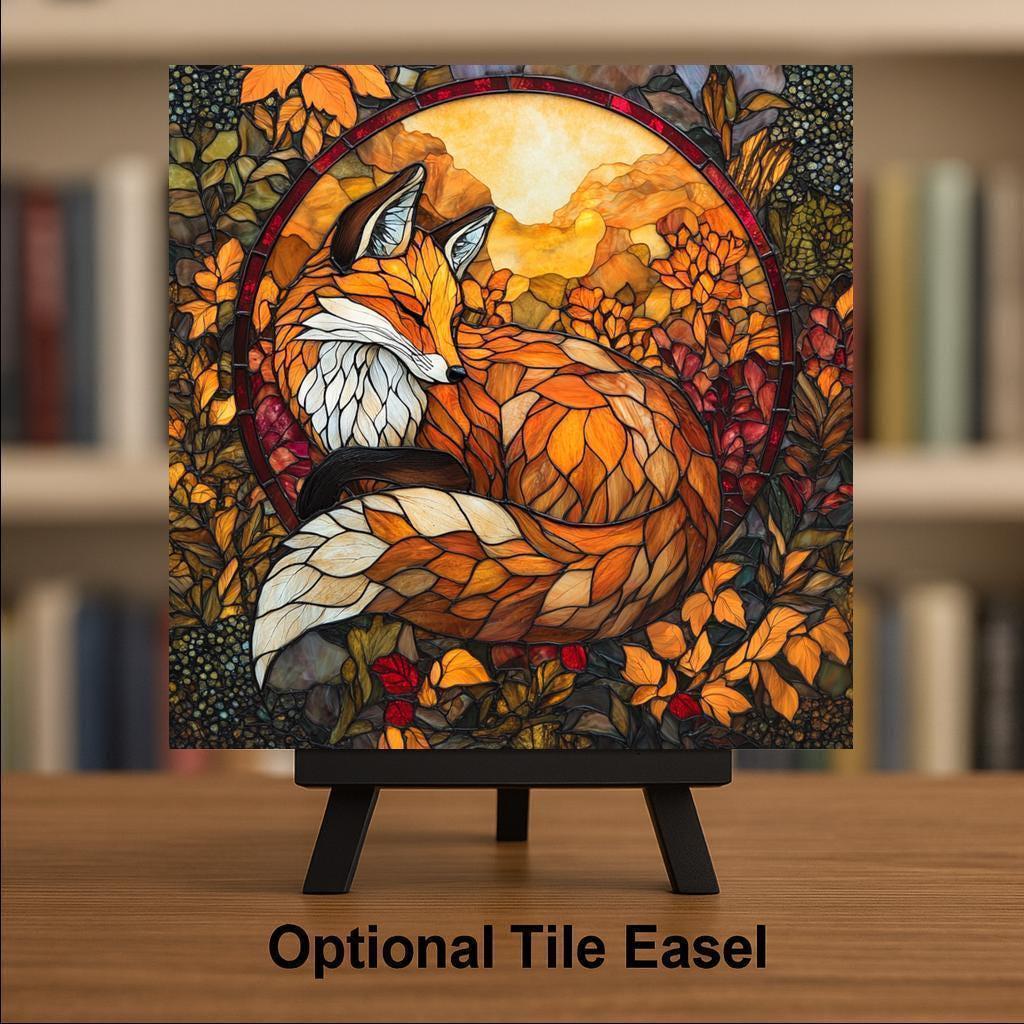 Autumn Fox Wall Art Ceramic Tile Woodland Gift Stained Glass Style Decor Fall Nature Art Fox Lover Gift Tile