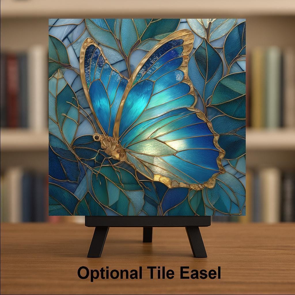 Blue Butterfly Ceramic Tile Wall Art – Stained Glass Nature Design, Elegant Home Decor, Botanical Wall Decor Gift for Butterfly Lovers