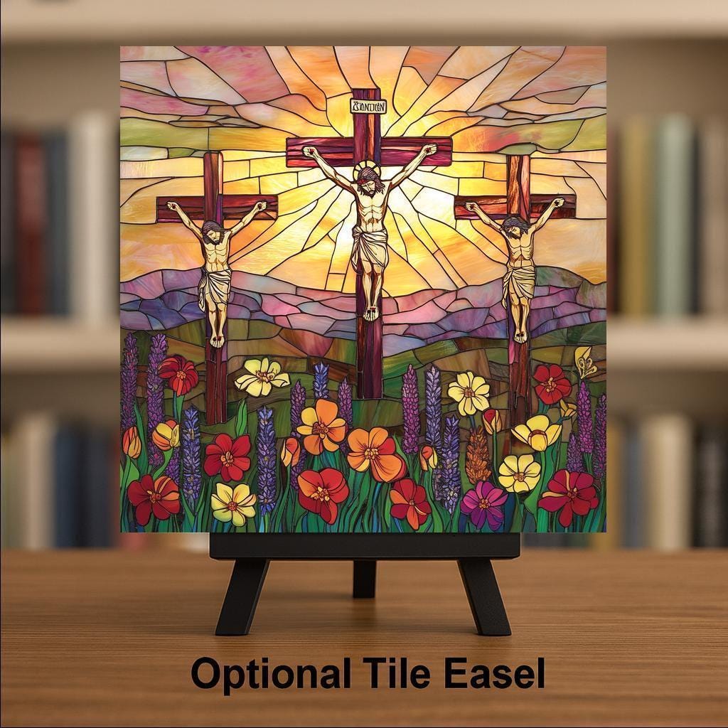 Three Crosses Stained Glass Style Ceramic Art Tile: Faith Wall Decor Christian Gift Religious Home Decor Wall Art Easter Three Crosses Ch