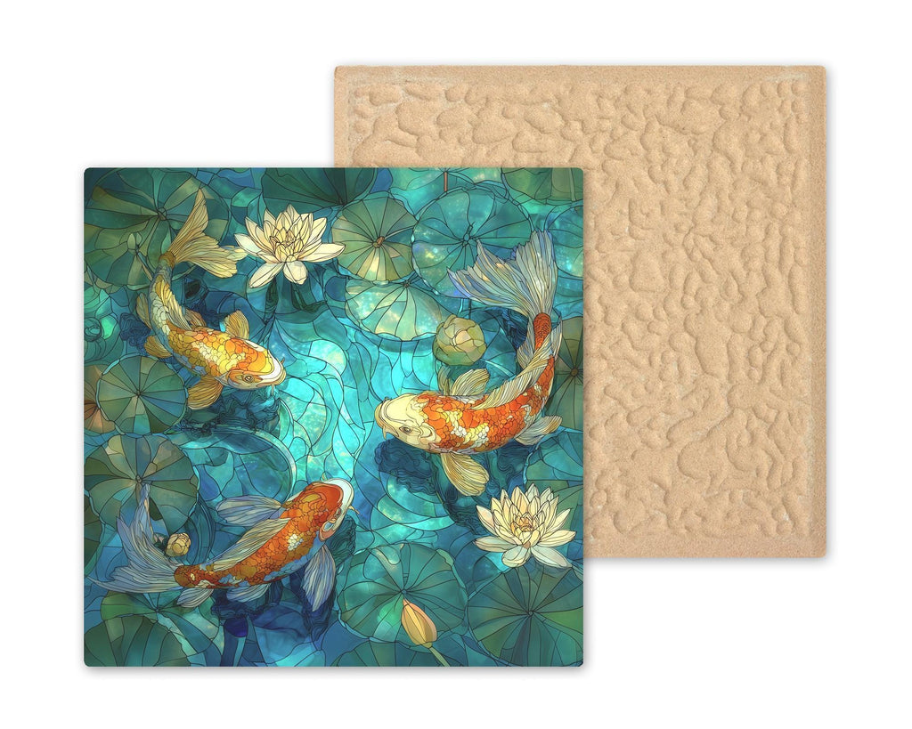 Koi Fish and Lotus Wall Art Ceramic Tile Stained Glass Style Japanese Art Zen Prosperity Gift Decor Art