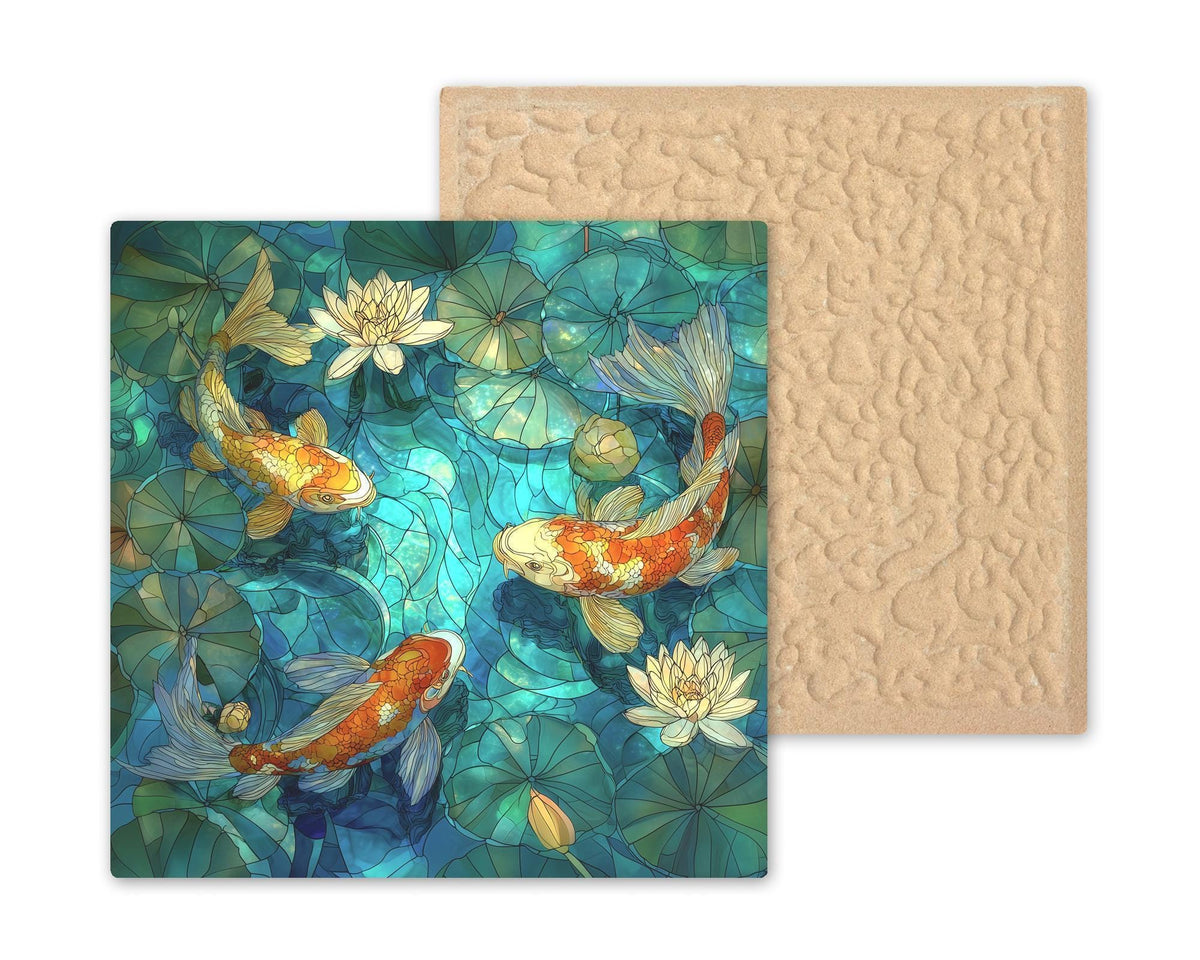 Koi Fish and Lotus Wall Art Ceramic Tile Stained Glass Style Japanese Art Zen Prosperity Gift Decor Art