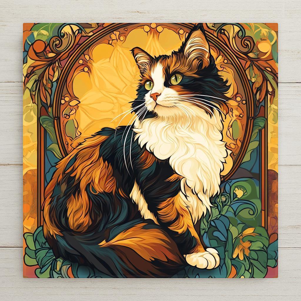 Art nouveau calico cat ceramic tile wall art showing a long-haired calico with green eyes seated before a golden ornamental arch with botanical borders, elegant cat memorial and cat lover decor