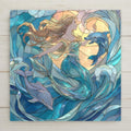 Ocean goddess ceramic tile wall art featuring dolphins in a stained glass style. Often interpreted as a mermaid or sea goddess, this symbolic coastal wall decor brings calm, meaning, and ocean energy to any space. A permanent art print on ceramic, not actual stained glass. Optional wall hanger, easel stand, cork backing, and premium frame available.
