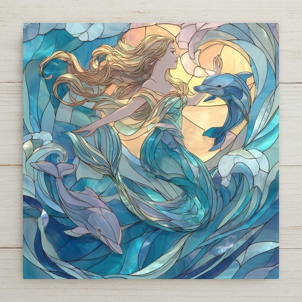 Ocean goddess ceramic tile wall art featuring dolphins in a stained glass style. Often interpreted as a mermaid or sea goddess, this symbolic coastal wall decor brings calm, meaning, and ocean energy to any space. A permanent art print on ceramic, not actual stained glass. Optional wall hanger, easel stand, cork backing, and premium frame available.