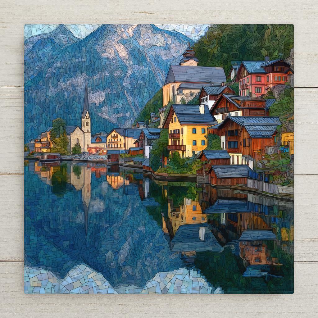 Stylized ceramic art tile of the Austrian alpine village of Hallstatt, with its church spire and colorful lakeside houses reflected in a calm lake beneath the mountains — European travel wall decor.
