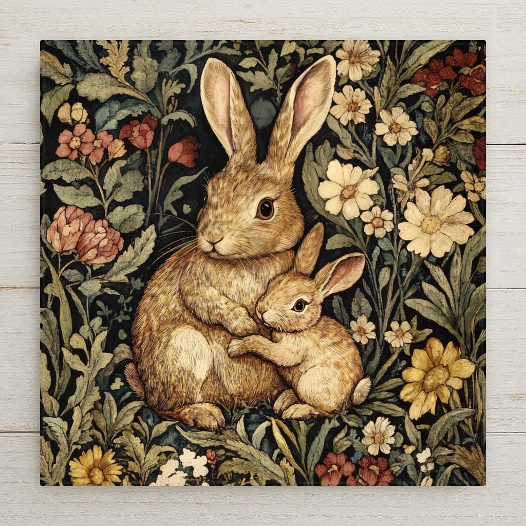 Decorate your home with a touch of Art Nouveau elegance inspired by William Morris. This woodland bunny rabbit lovers ceramic tile wall decor features a classic rabbit with baby design, perfect for adding a vintage art style to your space. Use as a trivet or display as charming wall art.
