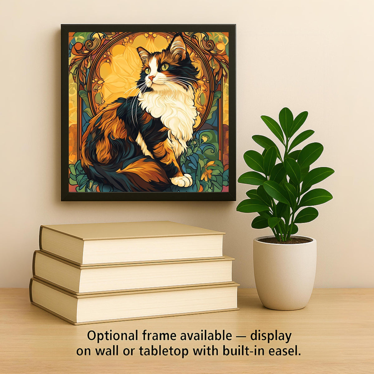 Calico Cat Wall Art Ceramic Tile Art Nouveau Decor Cat Memorial Tile Floral Cat Portrait Botanical Nature Art