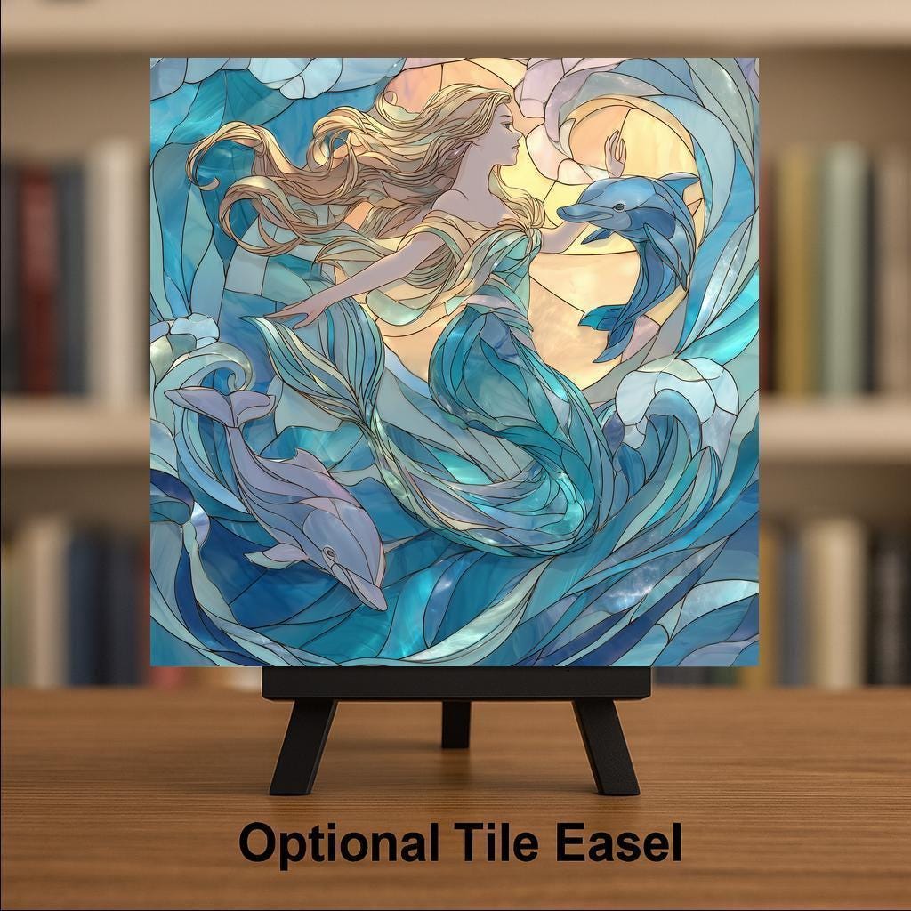 Mermaid Ocean Goddess Wall Art Ceramic Tile Stained Glass Style Mystical Sea Siren Dolphin Coastal Spiritual Decor