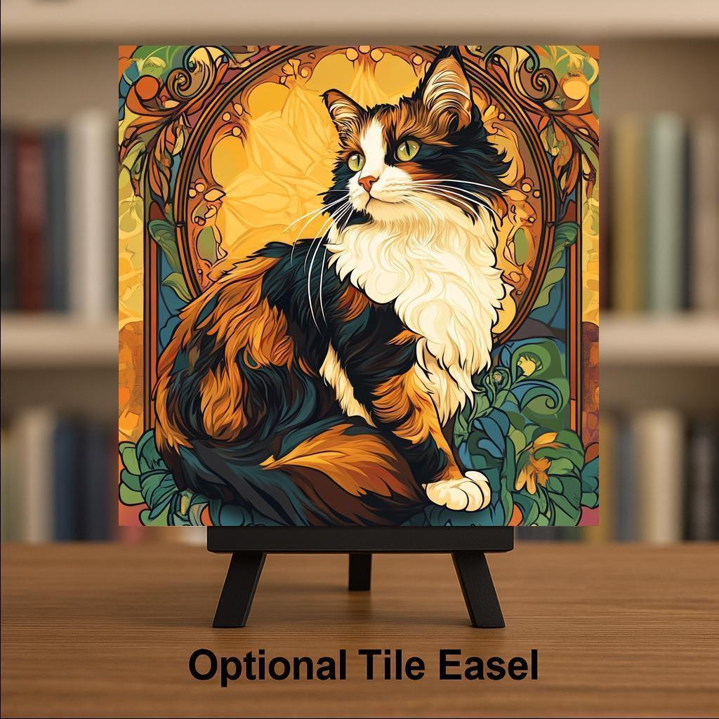 Calico Cat Wall Art Ceramic Tile Art Nouveau Decor Cat Memorial Tile Floral Cat Portrait Botanical Nature Art