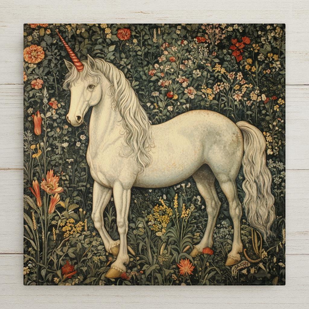 Enhance your cozy space with this enchanting Art Nouveau William Morris inspired woodland unicorn ceramic tile art. Perfect for unicorn lovers, this mythological creature trivet doubles as a stunning wall decor piece. Add a touch of magic to your home with this unique unicorn wall art!