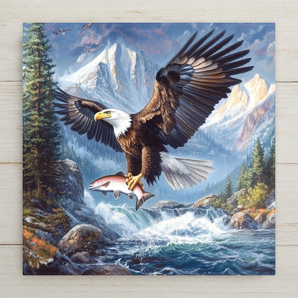 Audubon-style ceramic tile of a bald eagle with a fish wall art in flight over a mountain river. A bold wildlife home decor scene perfect for lodge, cabin, or patriotic décor.