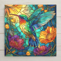 This colorful ceramic tile features a vibrant hummingbird in stained glass style, printed permanently on tile. Perfect as wall decor or a trivet. Optional tile wall hanger, easel tile stand, or cork backing available.