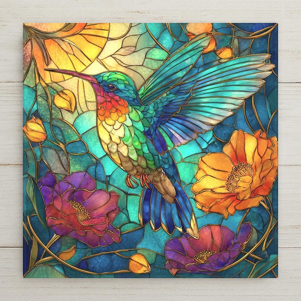 This colorful ceramic tile features a vibrant hummingbird in stained glass style, printed permanently on tile. Perfect as wall decor or a trivet. Optional tile wall hanger, easel tile stand, or cork backing available.