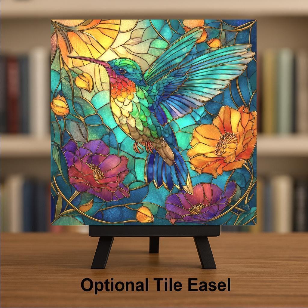 Hummingbird Nature Wall Art Ceramic Tile Garden Gift Stained Glass Style Decor Bird Lover Art Nature Home Gift Tile