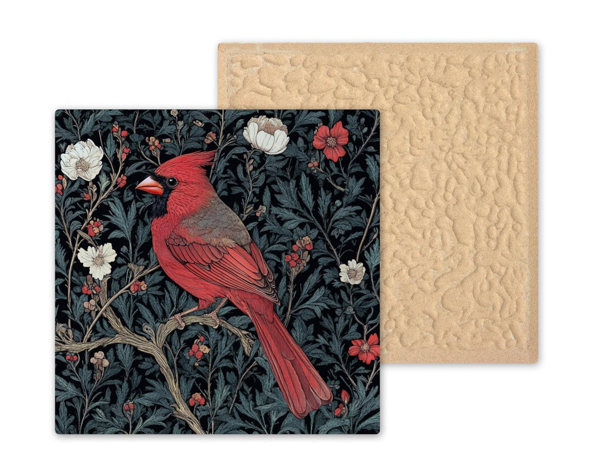 Elevate your space with this exquisite Art Nouveau William Morris inspired woodland red cardinal bird ceramic tile. A timeless piece of vintage art style, perfect for bird lovers. Use this classic bird art trivet as stunning wall decor. A touch of elegance for your home.