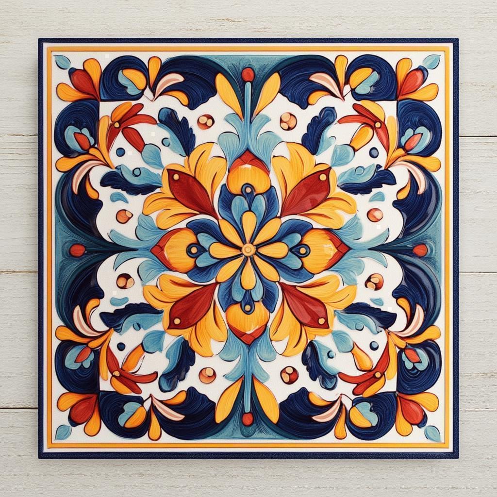 Hand-painted Talavera style ceramic art tile with a symmetrical floral mandala in cobalt blue, gold, red, and terracotta on a cream background, in vibrant Mexican folk art style.