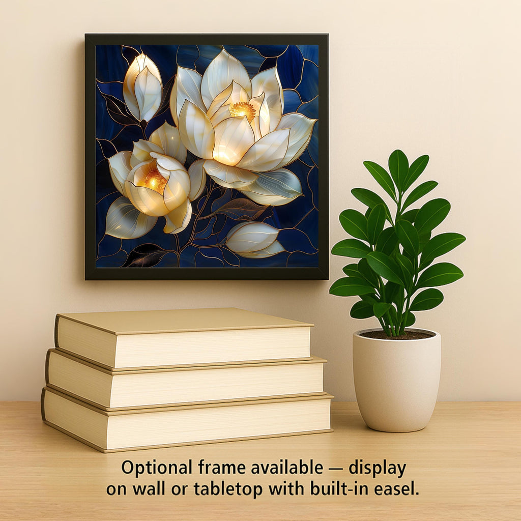 White Magnolia Wall Art Ceramic Tile Stained Glass Style Floral Decor Elegant Blue Botanical Home Gift Tile