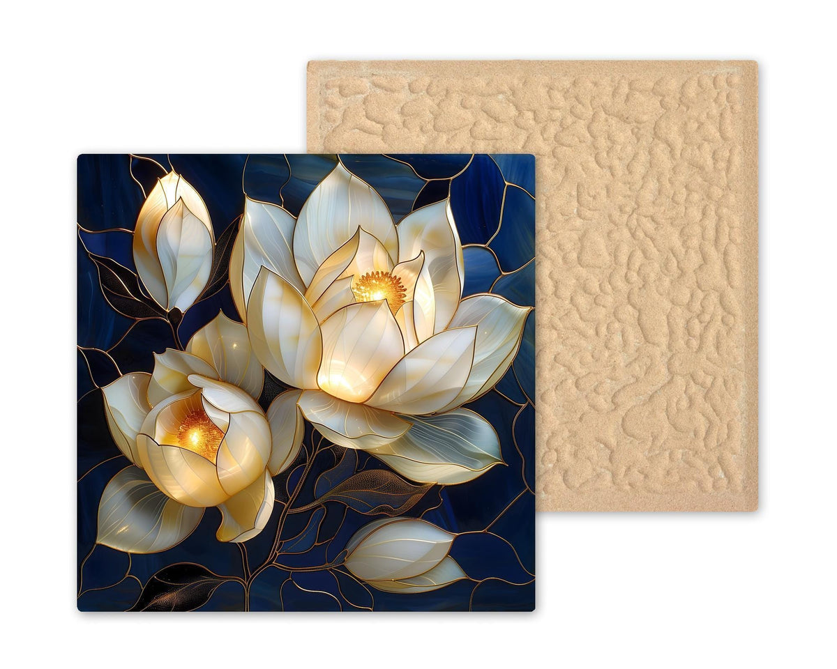 White Magnolia Wall Art Ceramic Tile Stained Glass Style Floral Decor Elegant Blue Botanical Home Gift Tile