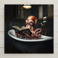 Funny octopus ceramic tile wall art showing a wide-eyed octopus reading a book in a clawfoot bathtub under a brass lamp, quirky bathroom decor with tentacles draped over the tub edge
