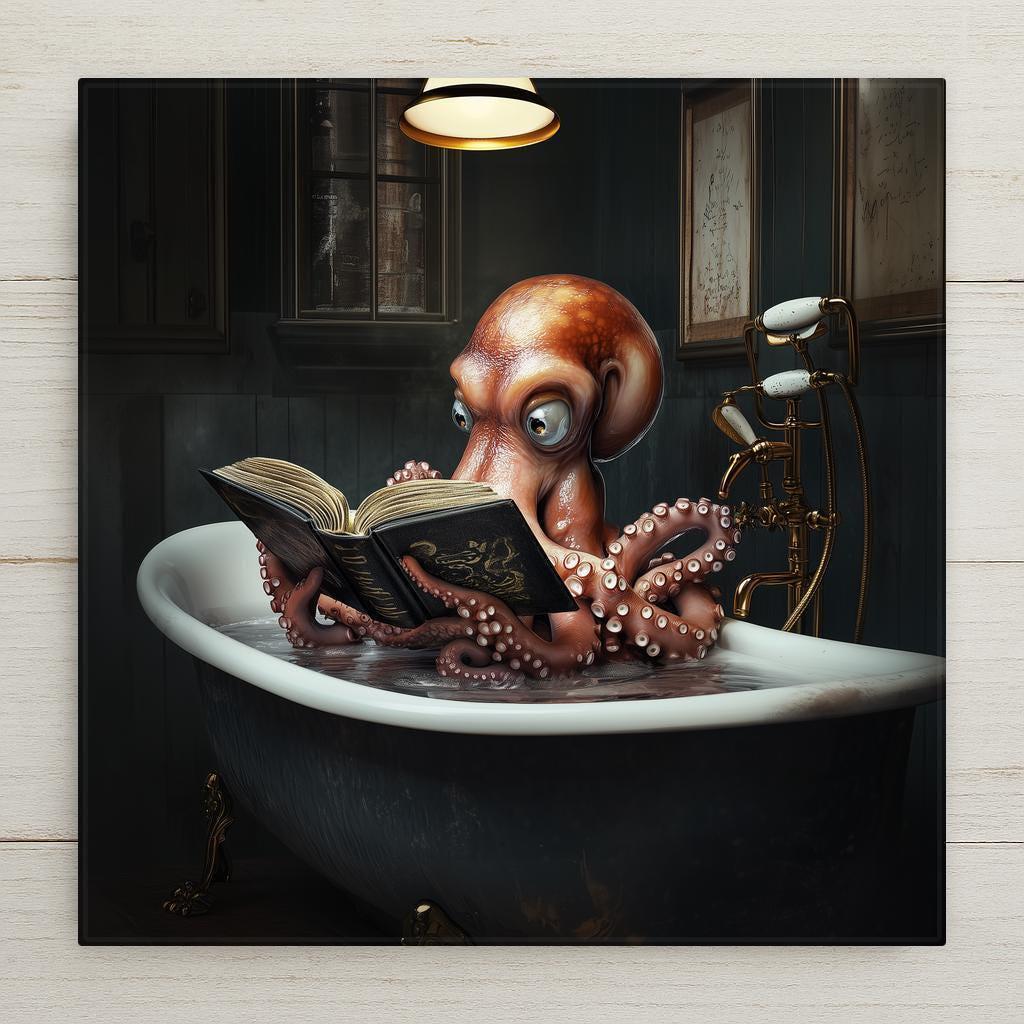 Funny octopus ceramic tile wall art showing a wide-eyed octopus reading a book in a clawfoot bathtub under a brass lamp, quirky bathroom decor with tentacles draped over the tub edge