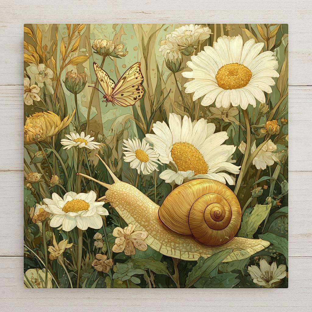 A peaceful stained glass–style wall art ceramic tile featuring a snail among blooming daisies with soft green and ivory tones. This nature-inspired home decor piece evokes calm, slow living, and gentle whimsy. The artwork is a permanent print on ceramic tile, not real stained glass. Optional tile wall hanger, easel tile stand, cork backing, and premium frame options are available.