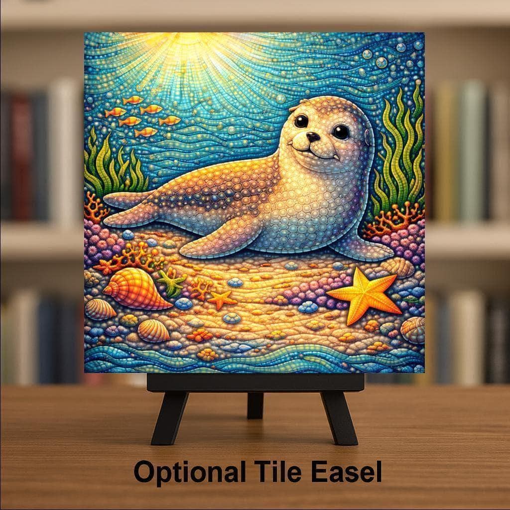 Baby Seal Ceramic Tile Wall Art – Stained Glass Style Ocean Nursery Decor, Coastal Kids Room Gift, Marine Animal Baby Shower