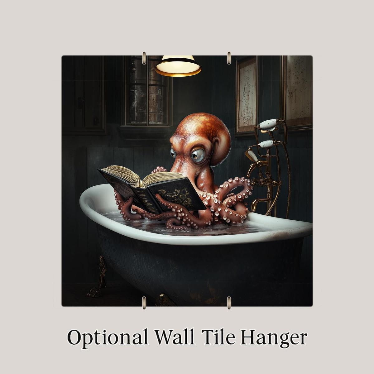Octopus Wall Art Ceramic Tile Funny Bathroom Decor Book Lover Art Octopus Reading in Bathtub Tile Quirky Home Art