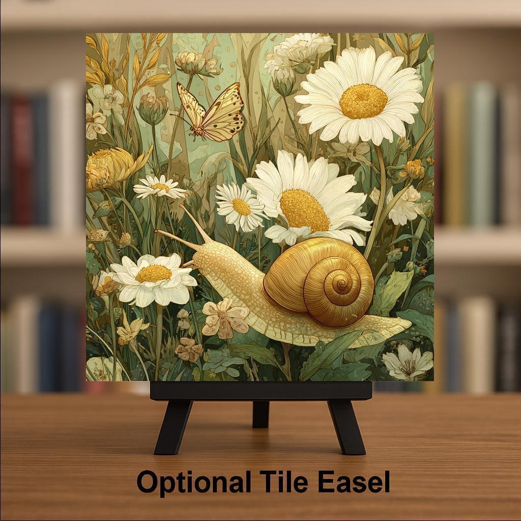 Snail and Daisy Peaceful Wall Art Ceramic Tile – Stained Glass Style, Nature Inspired Home Decor