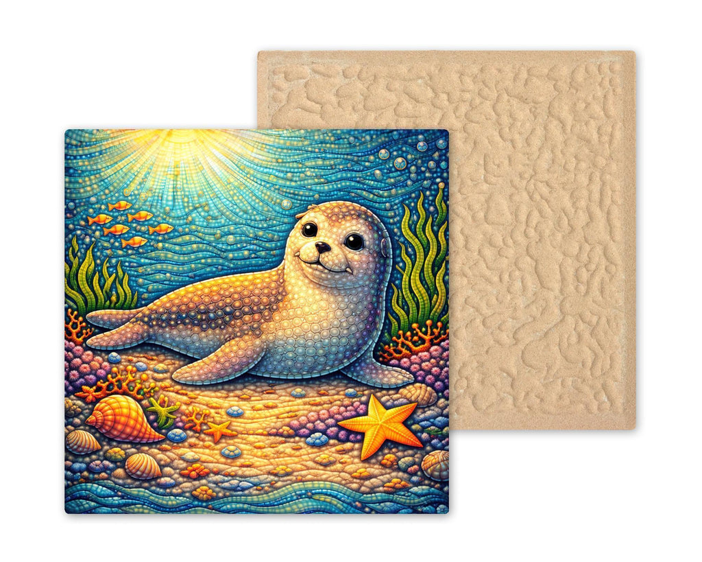 Baby Seal Ceramic Tile Wall Art – Stained Glass Style Ocean Nursery Decor, Coastal Kids Room Gift, Marine Animal Baby Shower