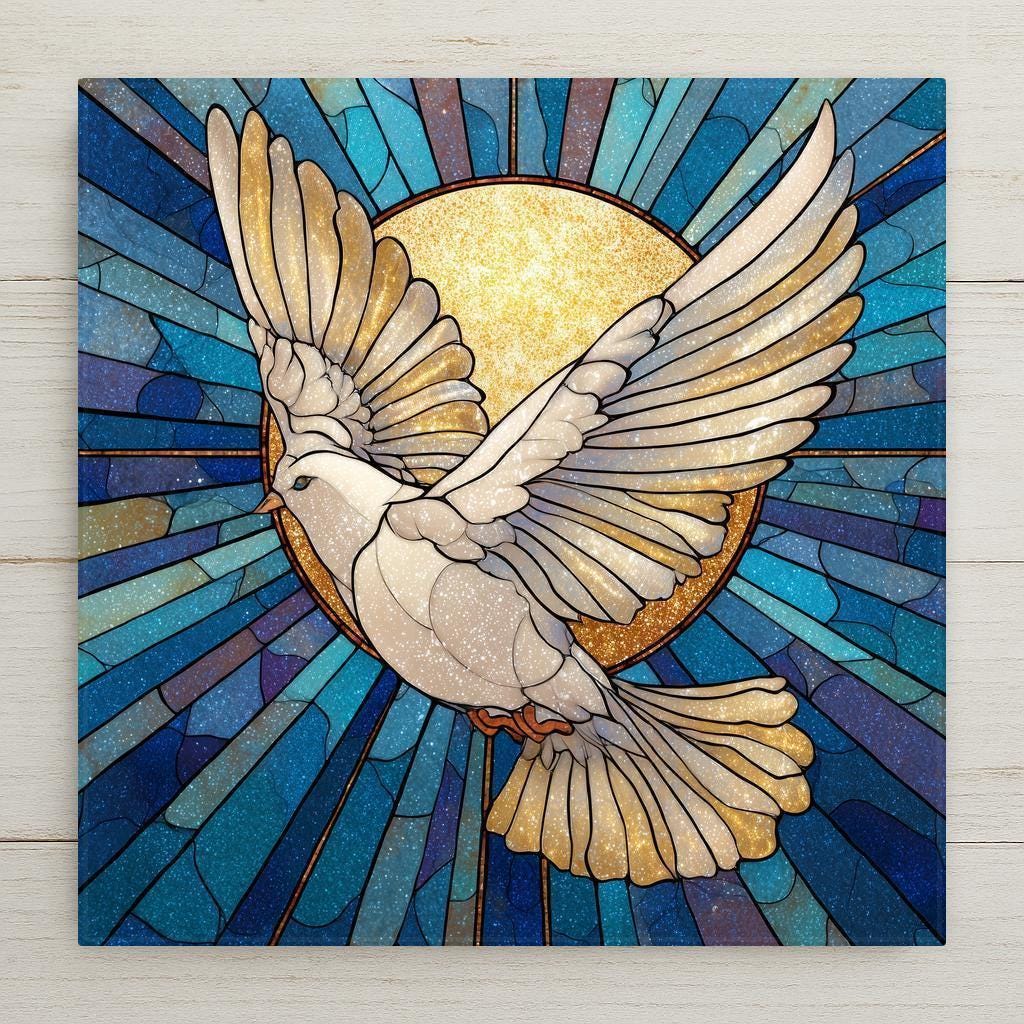 A peaceful stained-glass-style dove printed on a ceramic tile, glowing with gold and blue accents. Perfect for Christian home decor, spiritual gifts, or uplifting wall art. Optional tile wall hanger, easel tile stand, cork backing, and premium frame available. This is a permanent print on tile, not real stained glass.