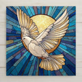 A peaceful stained-glass-style dove printed on a ceramic tile, glowing with gold and blue accents. Perfect for Christian home decor, spiritual gifts, or uplifting wall art. Optional tile wall hanger, easel tile stand, cork backing, and premium frame available. This is a permanent print on tile, not real stained glass.