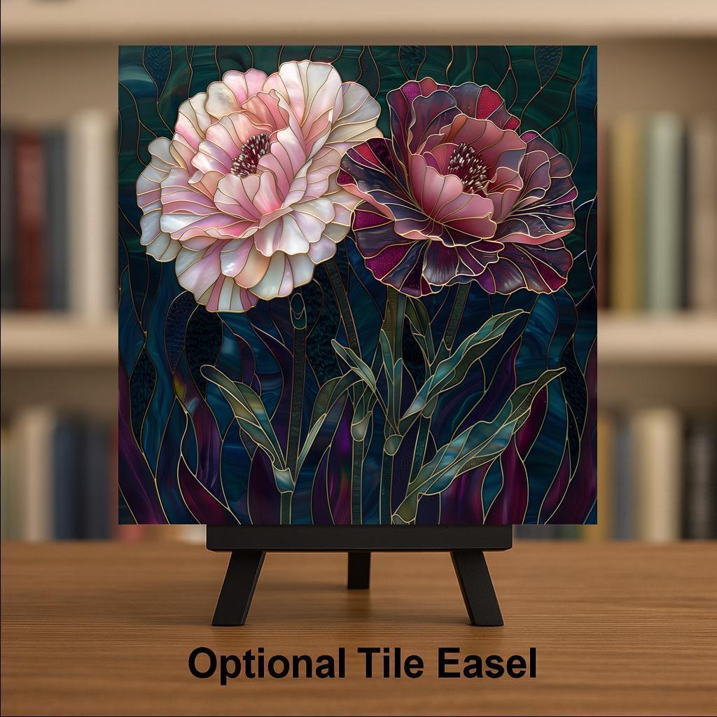 Pink Carnation Wall Art Ceramic Tile Stained Glass Style Floral Decor Romantic Botanical Home Gift Tile