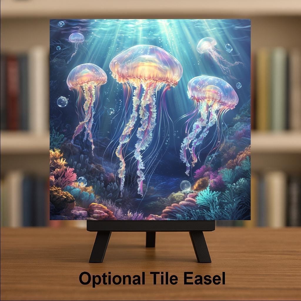 Luminescent Jellyfish Ceramic Tile: Ocean-Inspired Trivet, Wall Art & Bathroom Decor for Coastal Homes