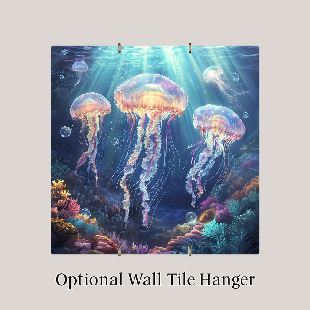 Luminescent Jellyfish Ceramic Tile: Ocean-Inspired Trivet, Wall Art & Bathroom Decor for Coastal Homes