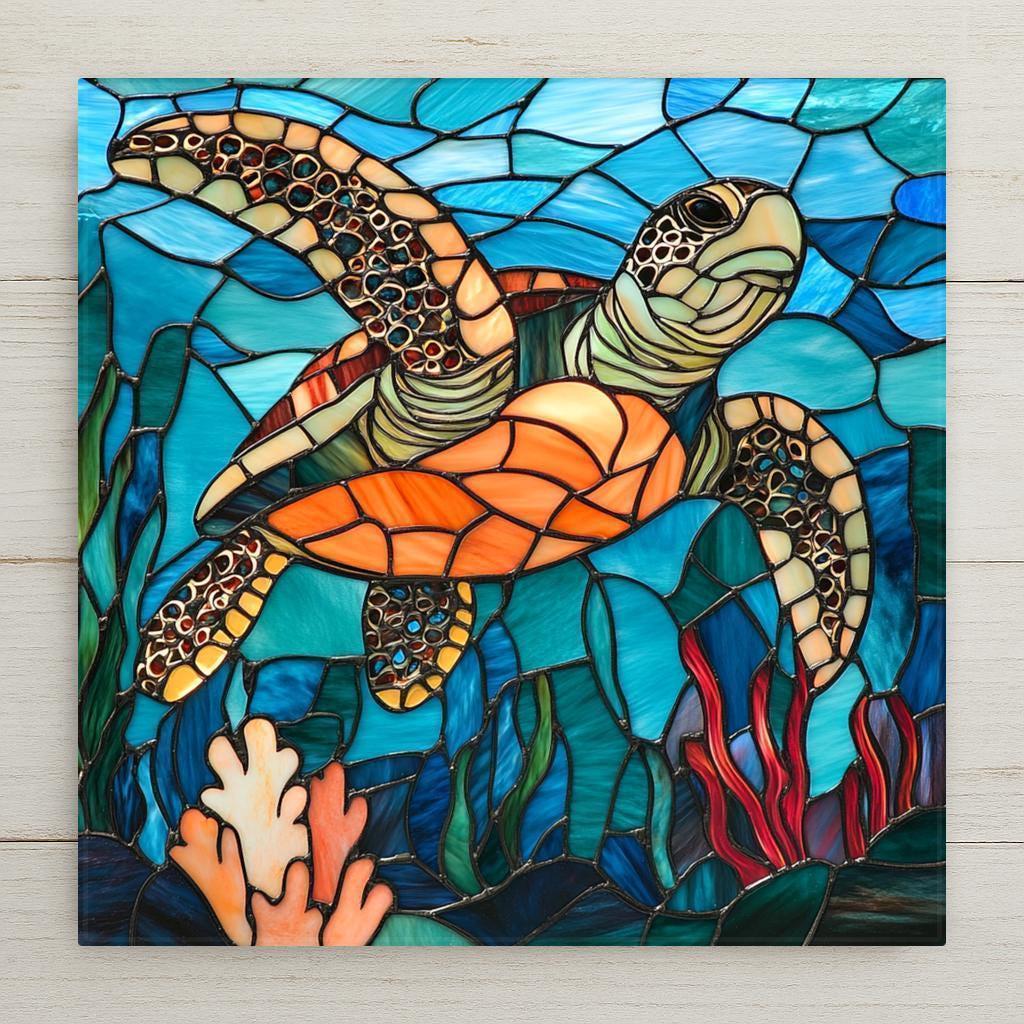 This sea turtle ceramic tile home decor features a vibrant orange shell and coral reef in stained glass style. A perfect coastal gift or ocean-themed wall art.